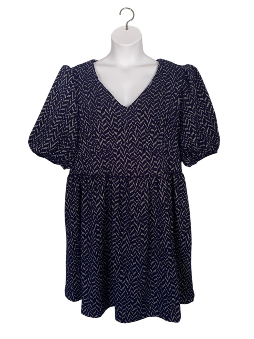 Leota Dress Navy Blue Gold Babydoll Chevron Puff Sleeve Womens Plus Size 2X NWT